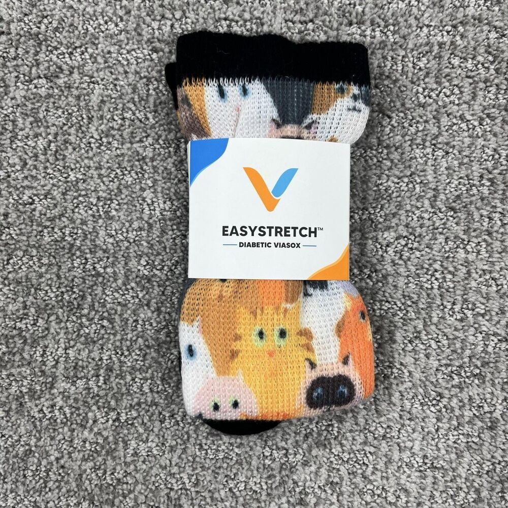 Viasox EasyStretch Sock Adult XL Colorful Cat Print Diabetic Novelty Compression